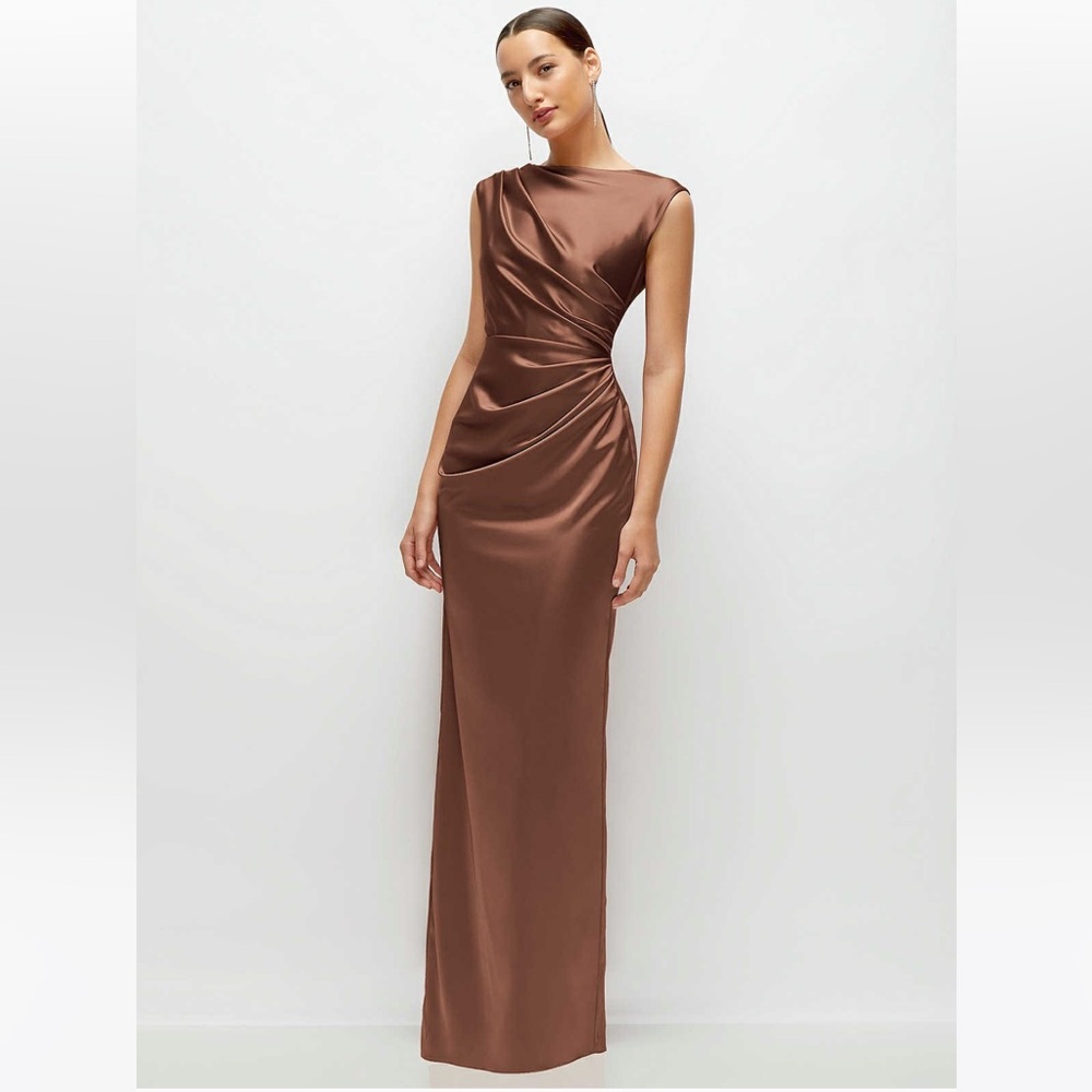 New After Six Hannah High Neck Draped Gown In Cognac Copper Brown